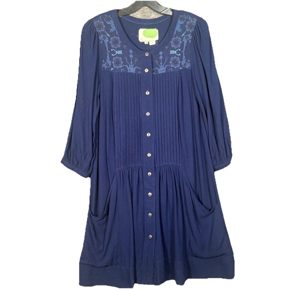 Anthropologie Dubois Embroidered Navy Long Sleeve Tunic Midi Dress Size 4